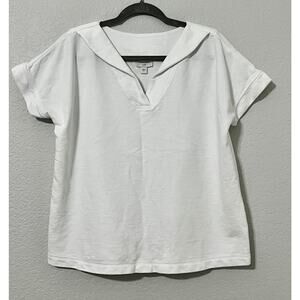 J Jill White Terry Knit 100%Cotton Short-Sleeve Top Mock Collar V-Neck S